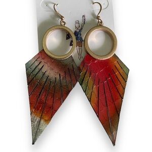 Beautiful Pink / Red Feather Dangle Earrings approx 3 inches long - Artisan